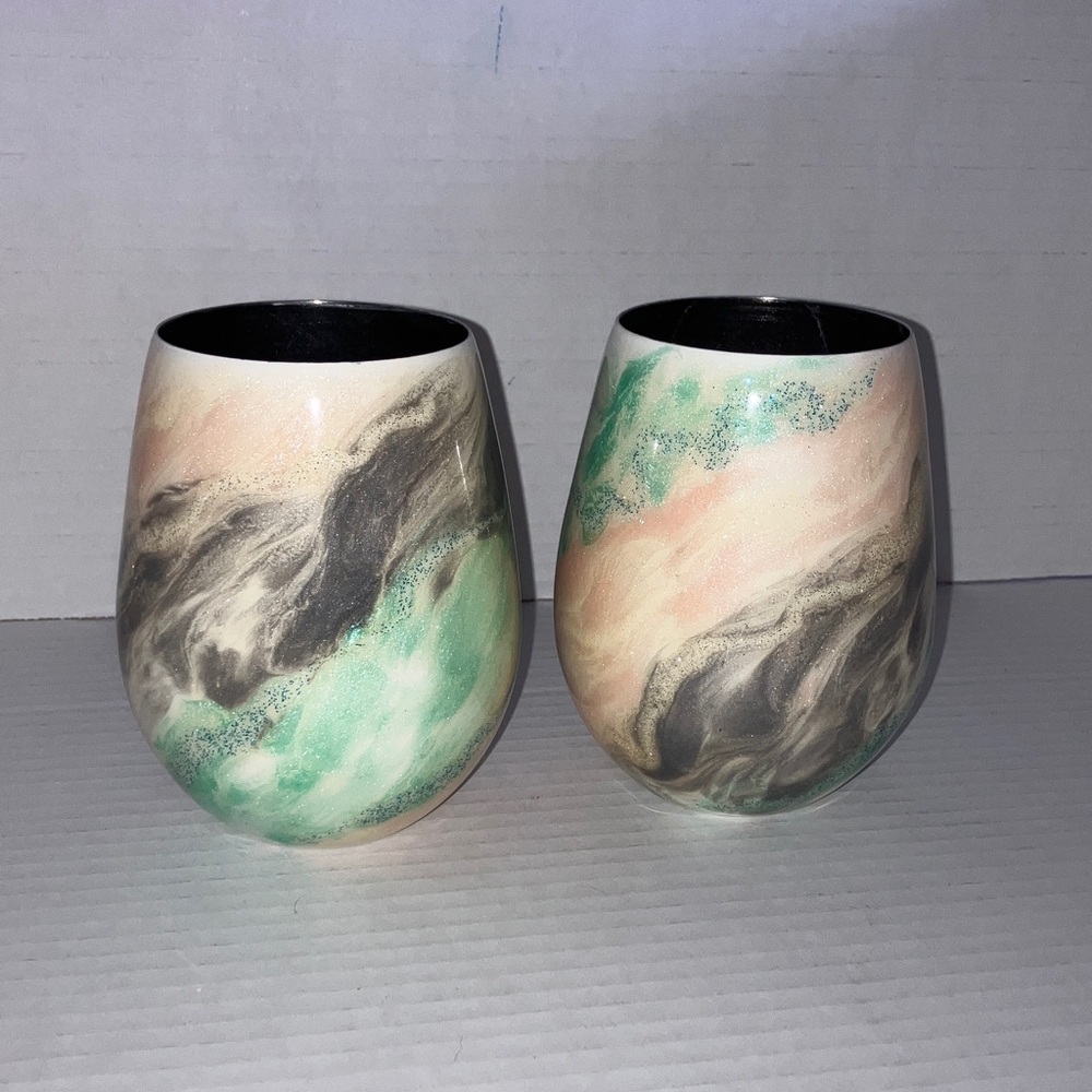 Hand-Painted Marble Effect Stemless Wine Tumblers - Mint, Peach,‎ Gray Sparkle
